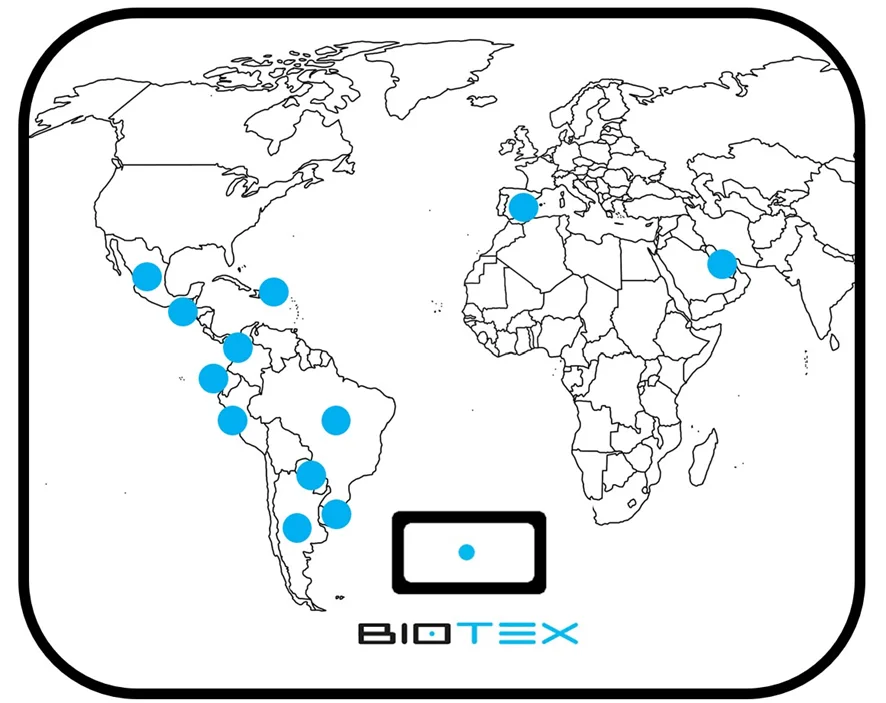 Mapa con la presencia internacional de los electroporadores BIOTEX en América, Europa y Medio Oriente